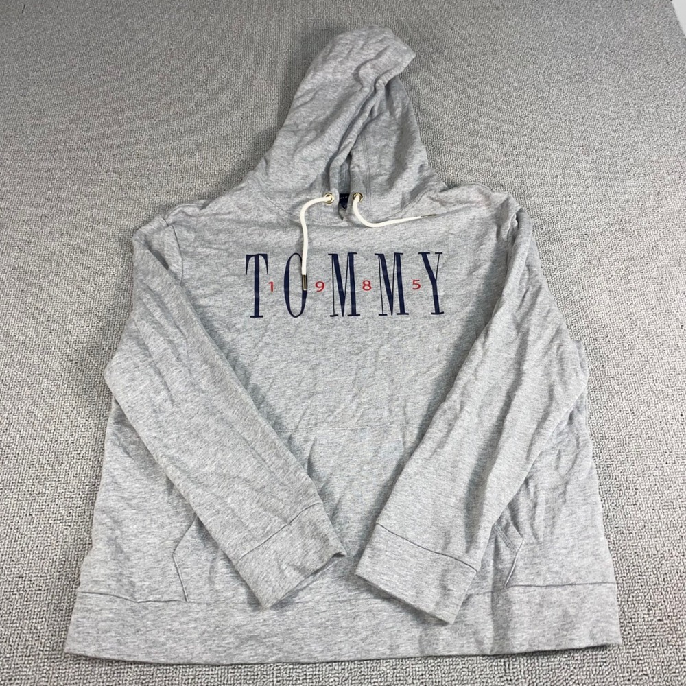 Tommy Hilfiger Hoodie Mens XL Gray 1985 Logo Graphic Pullover Sweatshirt Sporty